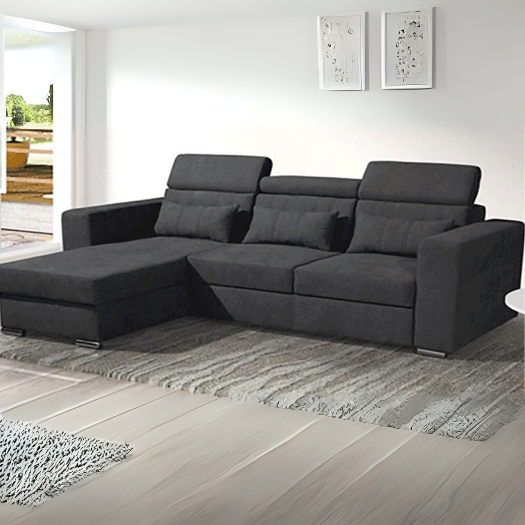 Black Sofa Bed With Storage sectional sofa in a living room with a rug and window.