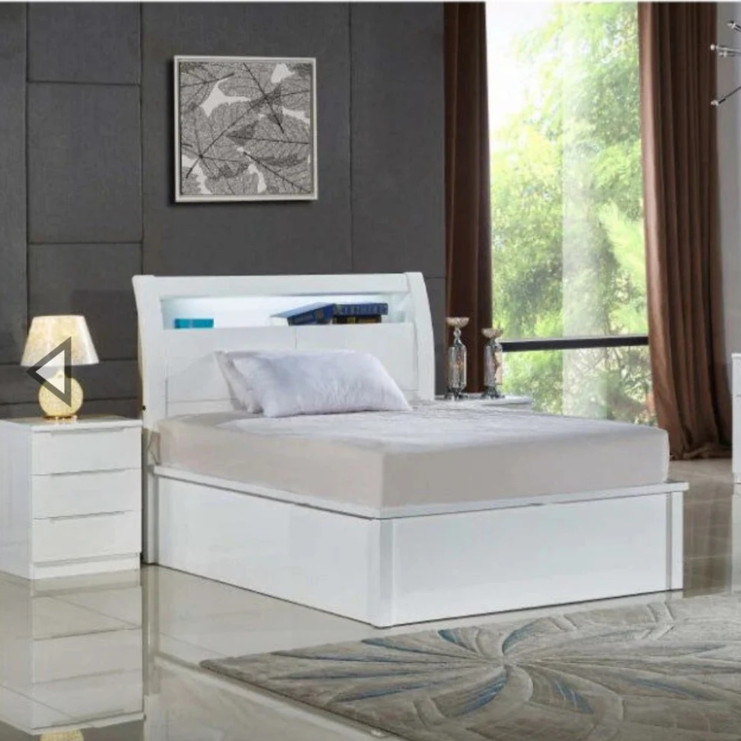 Wooden Ottoman Bed with Headboard Storage, LED Lights & USB Ports