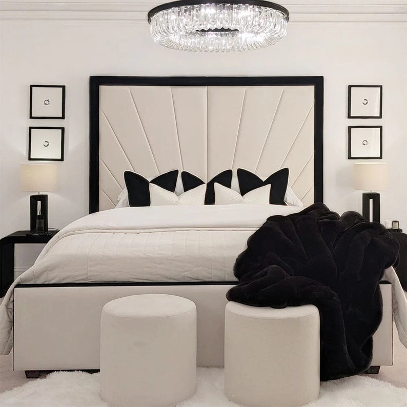 Full view of the King Size Sunburst Upholstered Bed Frame in Cream and Black, showing the high geometric headboard.