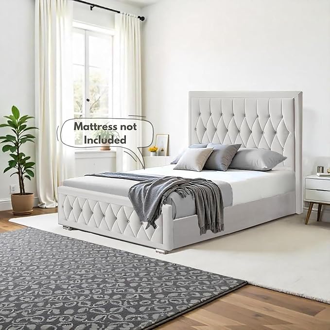 Full view of the Silver Plush Velvet Double Ottoman Bed Frame with Chesterfield headboard in a bedroom.