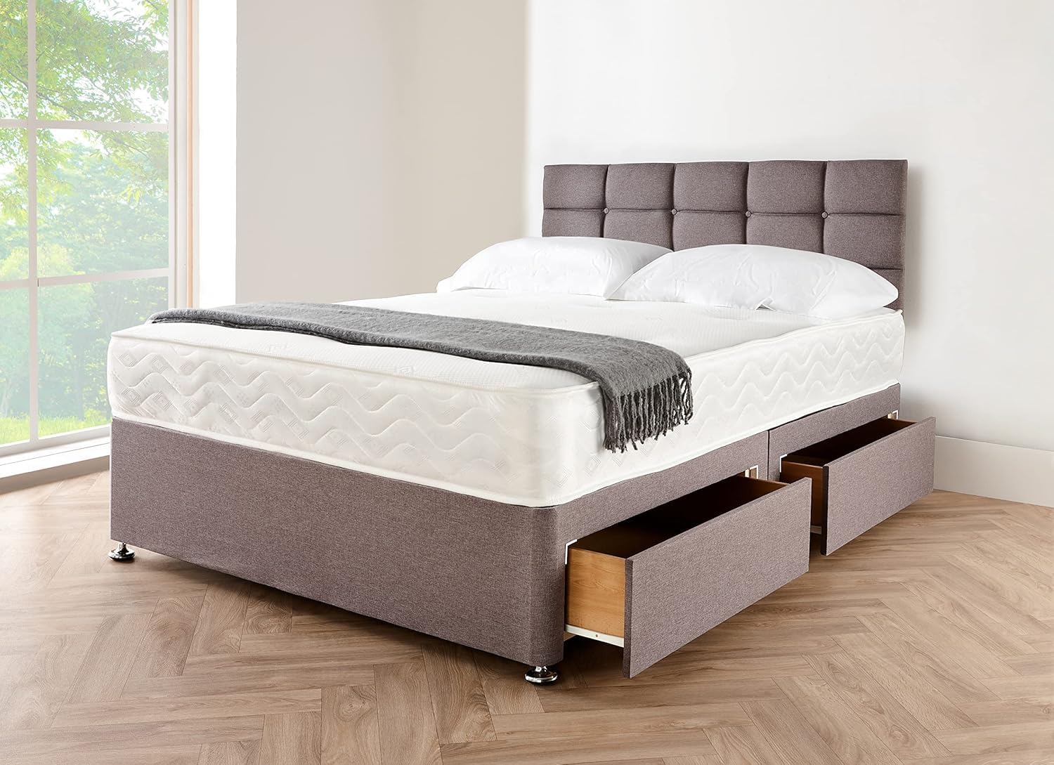 Barcelona Divan Bed with two storage drawers, in a modern grey fabric with a tufted headboard.