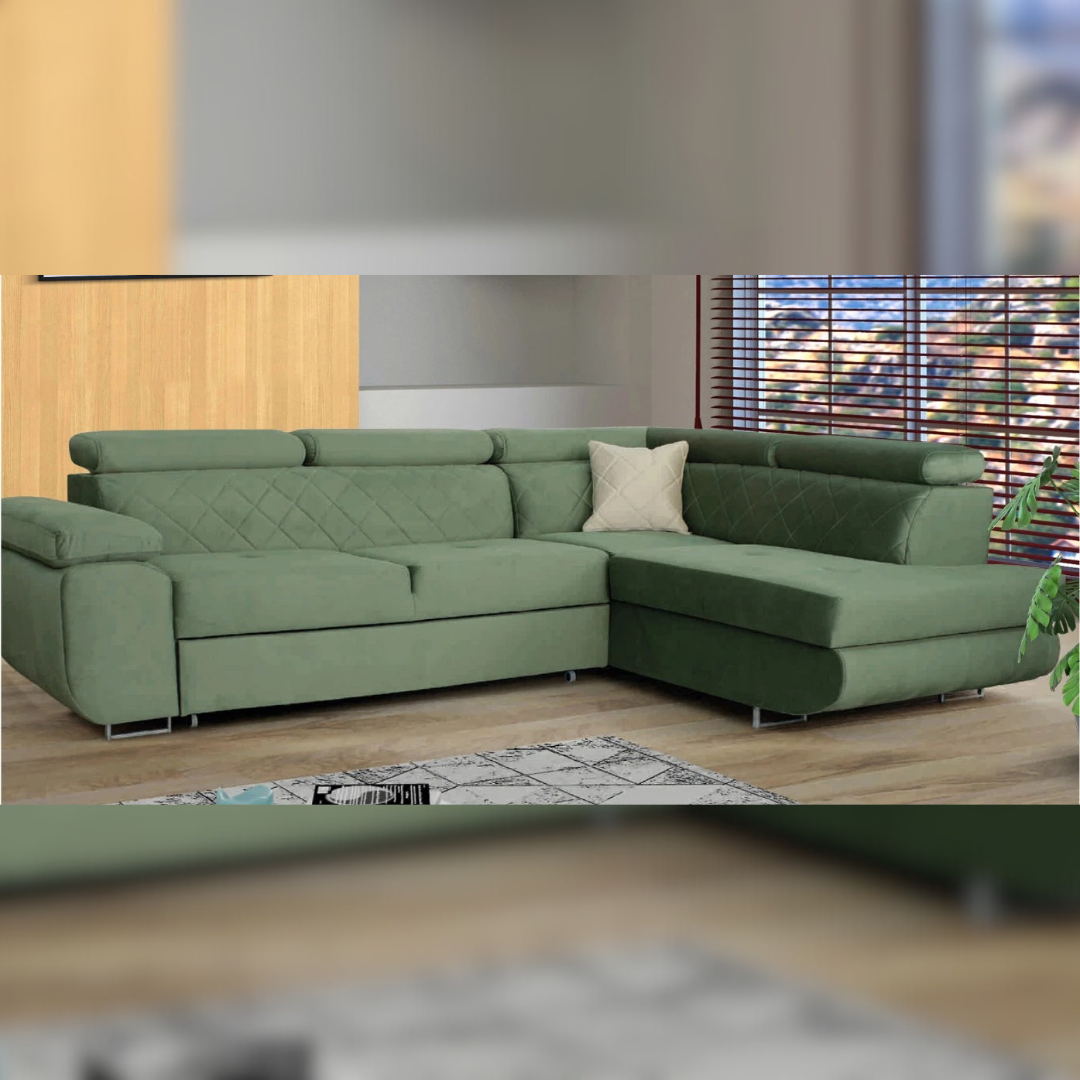 A stylish green corner sofa bed with a contemporary arm style, shown in an L-shape configuration in a modern living room.