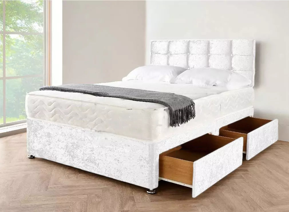 White Crushed Velvet Divan Bed With Storage Drawers