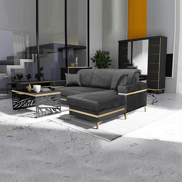 Black & Gold Corner Sofa Bed with Storage - L-Shape