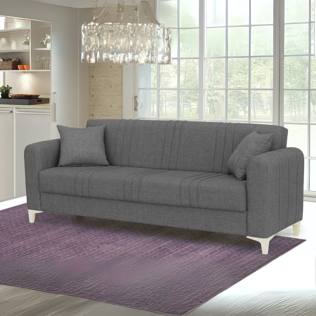 Gray sofa cum bed in a living room with a purple rug and large windows.