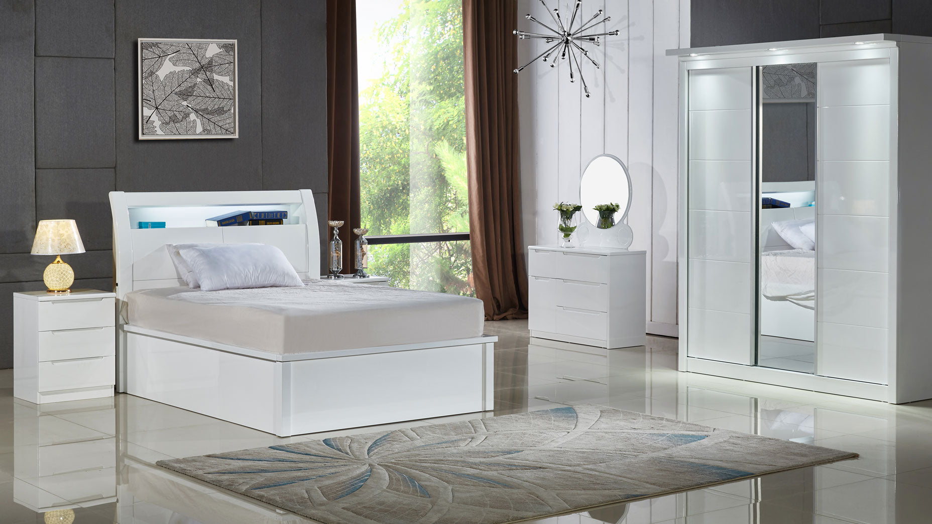 A complete white bedroom set including a double bed with wardrobe, bedside table, and dressing table, all in a high-gloss finish.