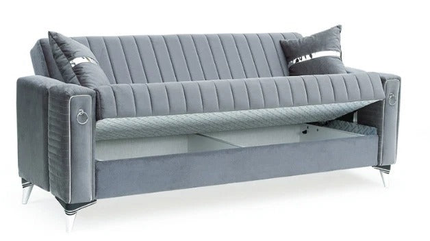 Gray sofa bed with storage with a textured design on a white background