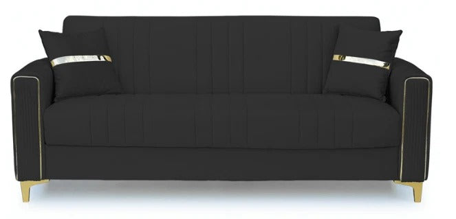 Black sofa bed with storage with gold accents on a white background