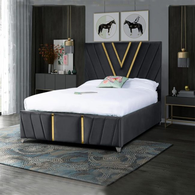 The Vianca Glam Plush Velvet Bed with Gold Trim & Chrome Feet