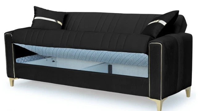 Black sofa bed with under storage on a white background