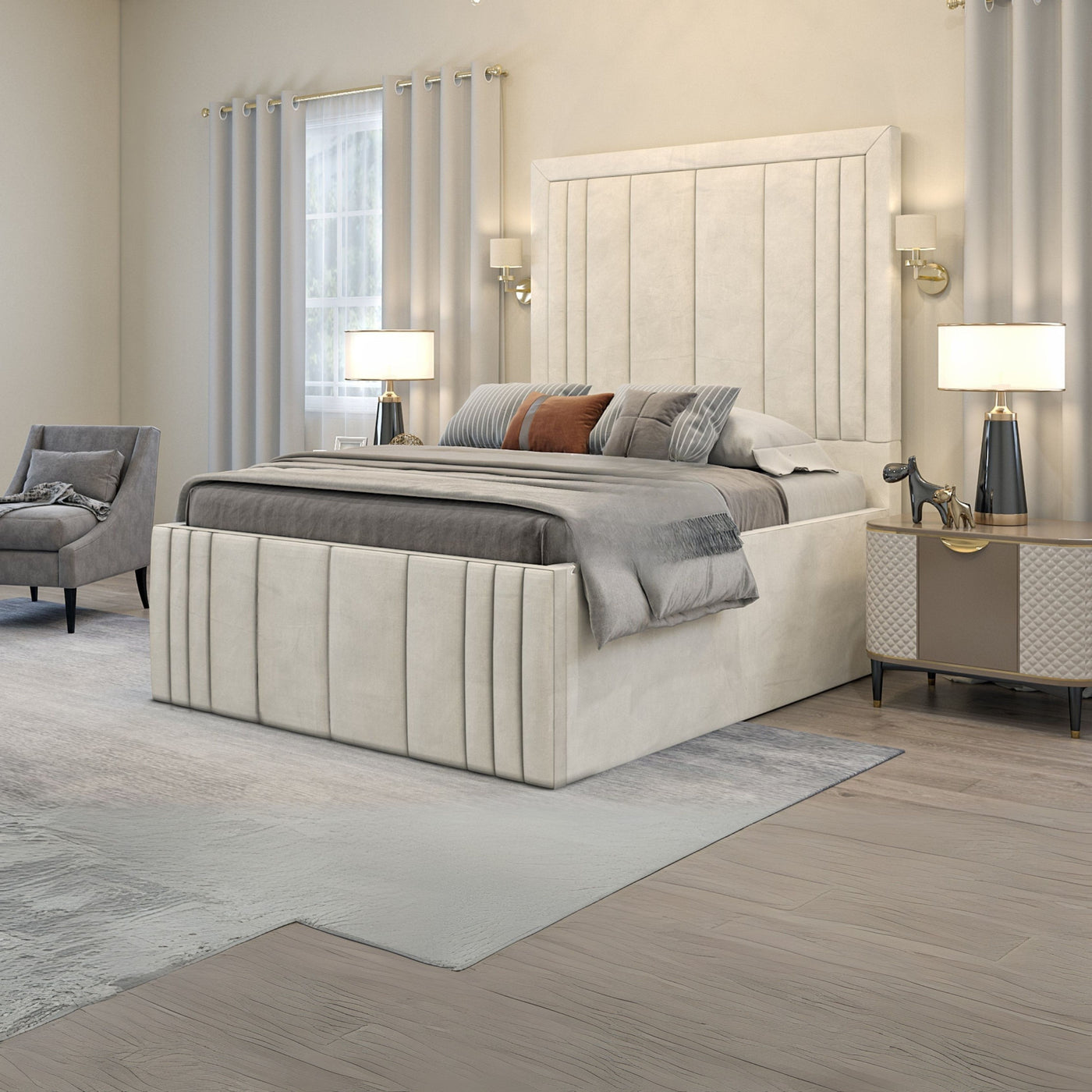 Symmetrical Plush Velvet Bed Frame in light grey, featuring a matching linear headboard and footboard, with gas lift ottoman storage, Handmade in the UK.