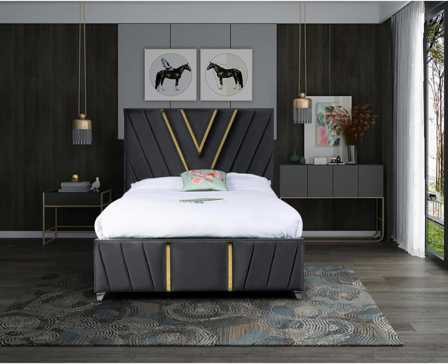 Glamorous Plush Velvet Ottoman Bed Frame in blue, with Golden Strips, Chrome Feet, and Gas Lift Storage, Handmade in the UK.