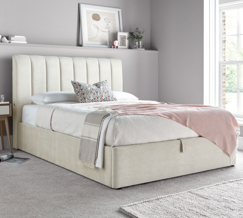 Contemporary Plush Velvet Linear Bed Frame in light grey, featuring a sleek linear headboard and hidden gas lift ottoman storage, Handmade in the UK.