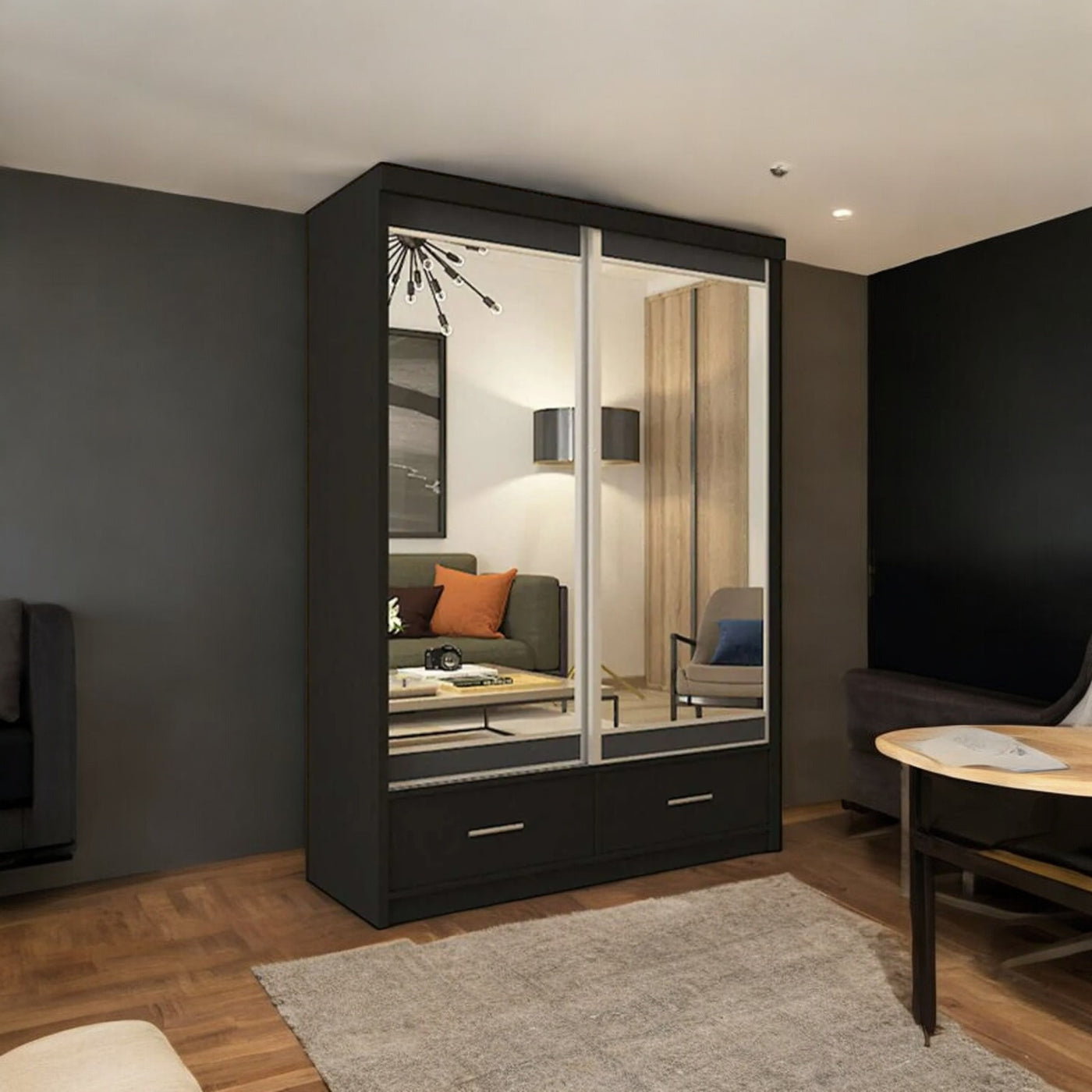 Mirrored Sliding Wardrobe UK (150cm-250cm) - White, Grey, Black