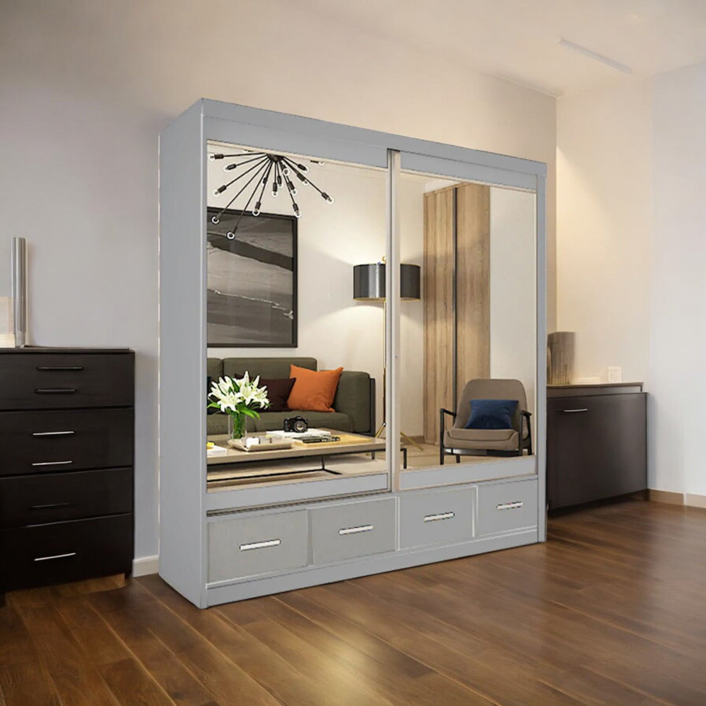 Mirrored Sliding Wardrobe UK (150cm-250cm) - White, Grey, Black