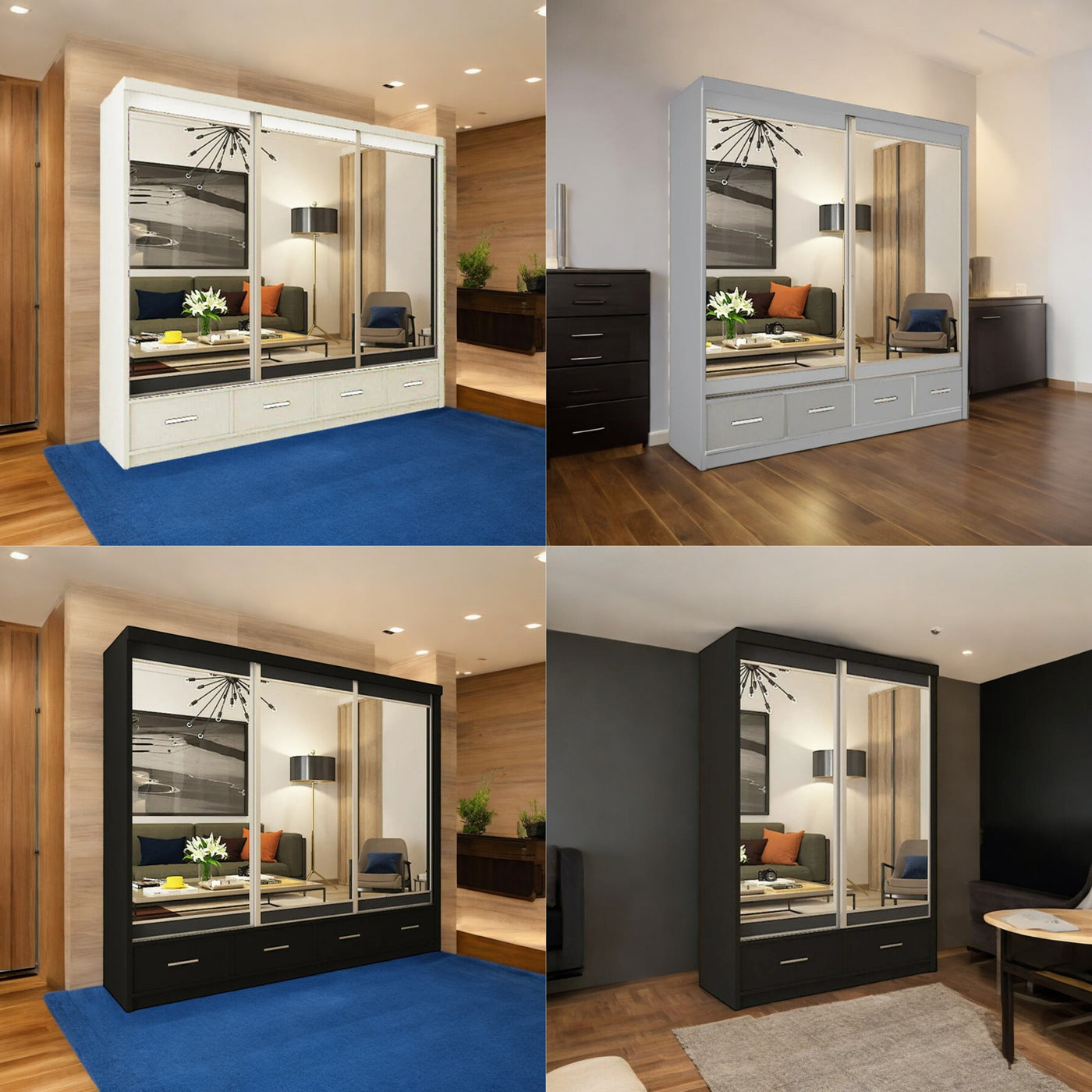 Mirrored Sliding Wardrobe UK (150cm-250cm) - White, Grey, Black