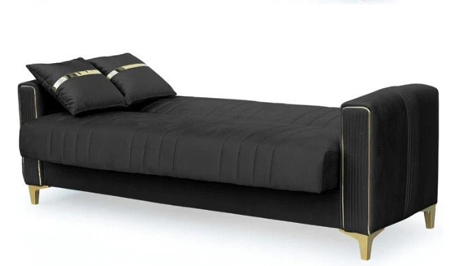 Black sofa double bed with storage with gold accents on a white background