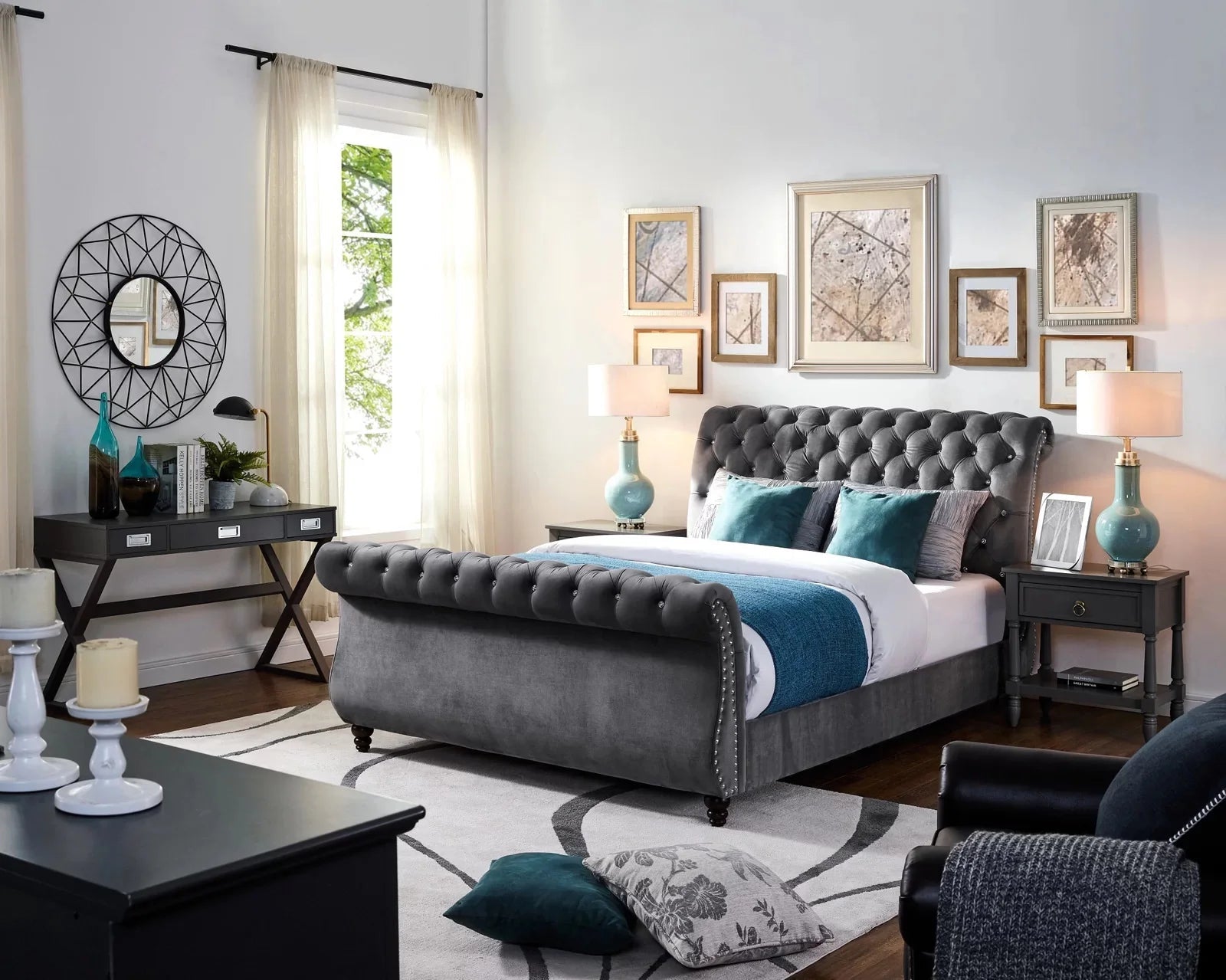 The Heritage Plush Velvet Scroll Sleigh Ottoman Bed