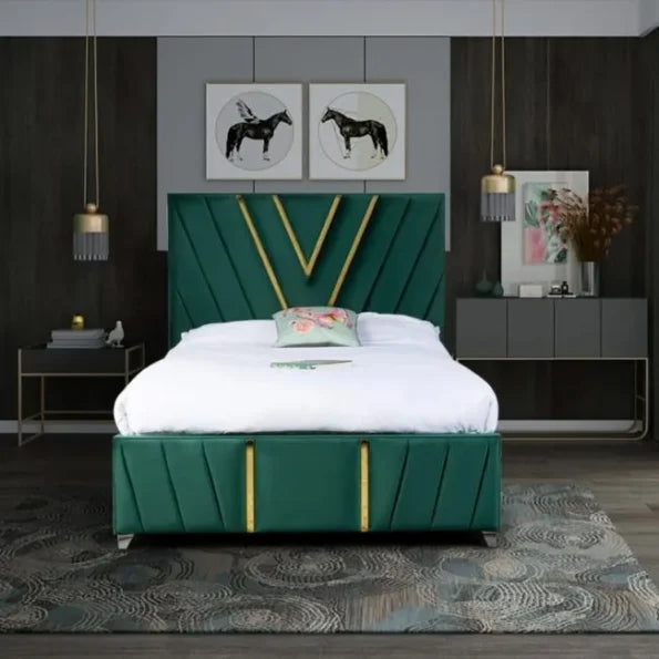 The Vianca Glam Plush Velvet Bed with Gold Trim & Chrome Feet