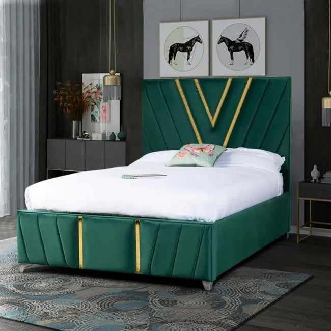 The Vianca Glam Plush Velvet Bed with Gold Trim & Chrome Feet
