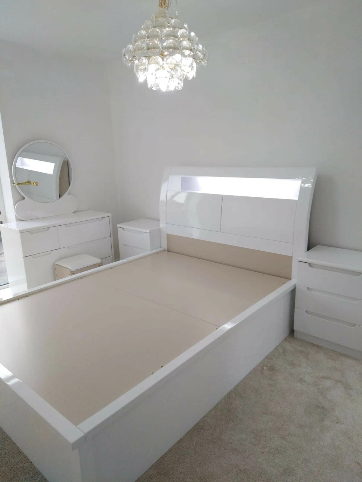 Wooden Ottoman Bed with Headboard Storage, LED Lights & USB Ports