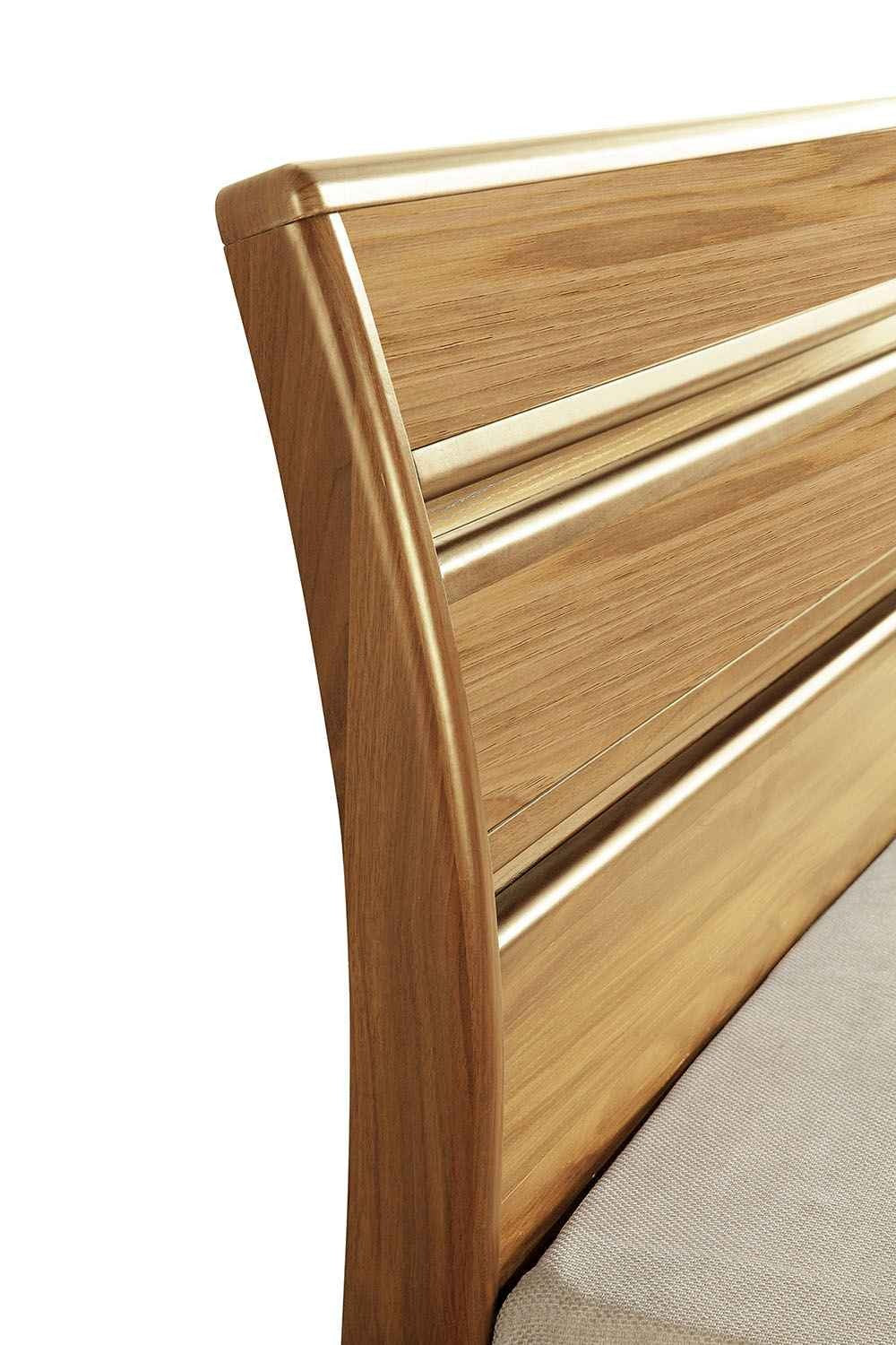 Wooden ottoman storage bed double headboard with slatted design on a white background