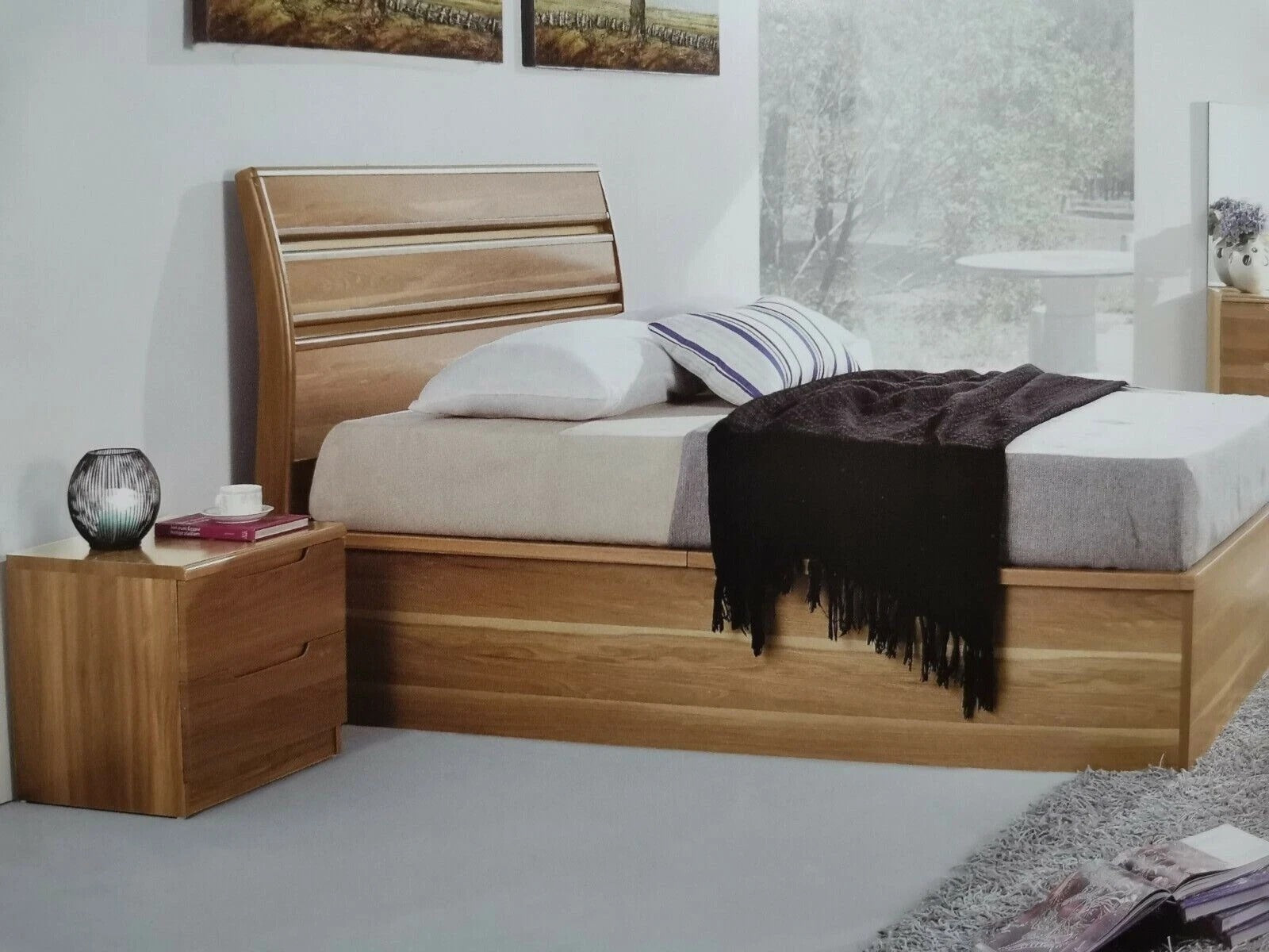 Double Wooden Bed Frame with bedding and pillows in a bedroom setting