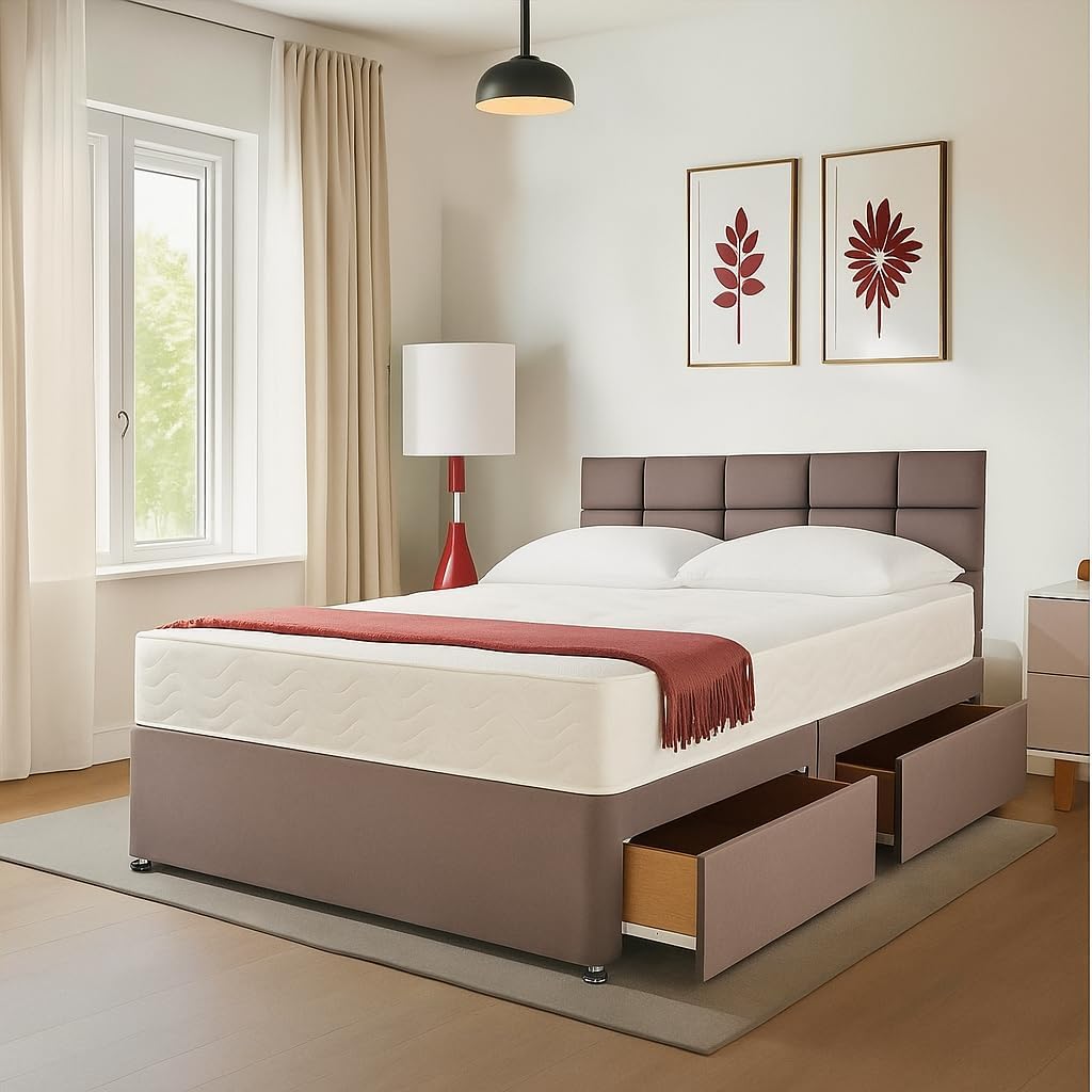 Barcelona Divan bed base in grey fabric with two storage drawers pulled out, showing the timber wood base and matching upholstered headboard.
