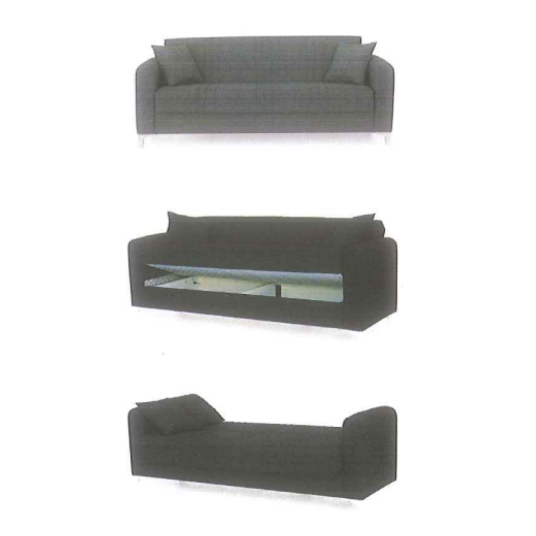 Three gray beds that are sofas​ of different sizes on a white background