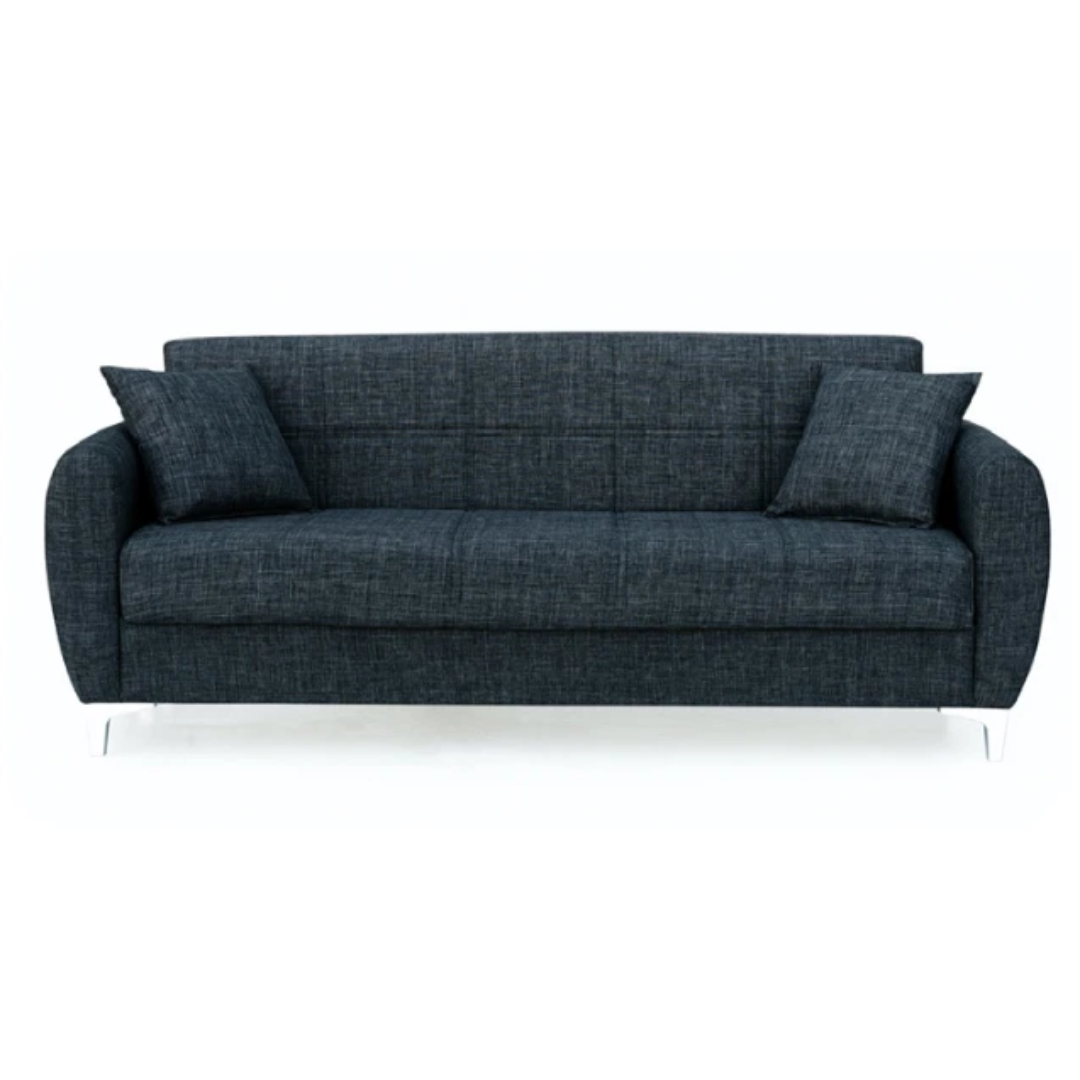 A close-up shot of the textured black ottoman fabric upholstery on the contemporary arm of the sofa bed.
