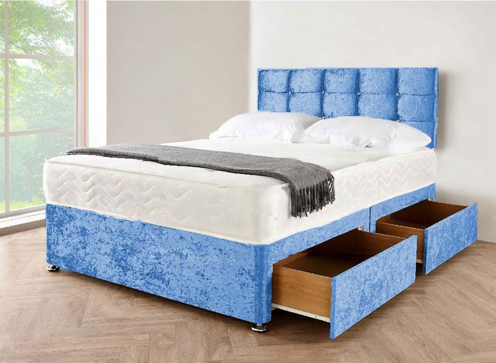Blue divan bed with storage drawers and mattress