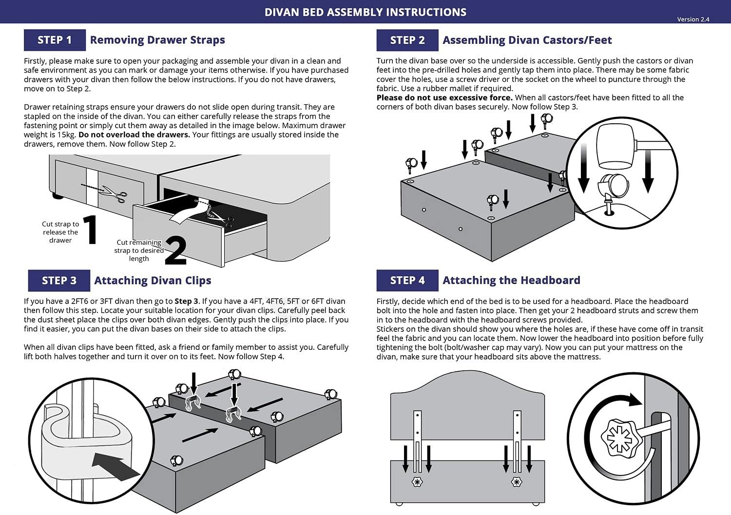 Divan bed assembly instructions with step-by-step diagrams on a white background