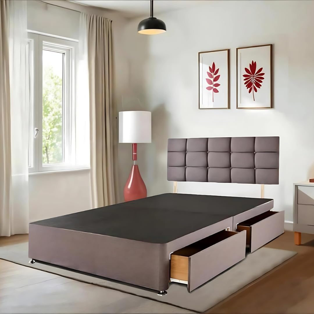 Top-down view of the Barcelona Divan bed base in a grey fabric with no mattress, highlighting the bed's two open drawers and chrome feet.