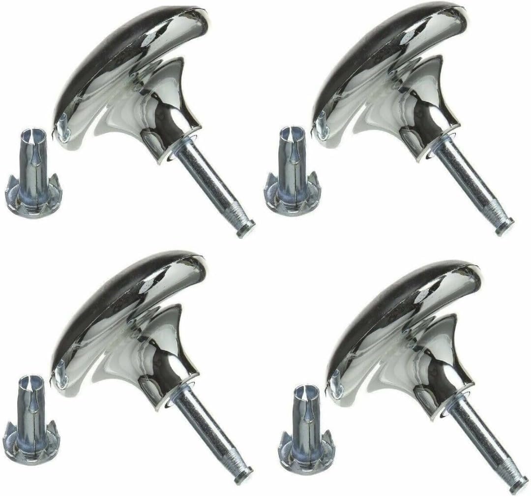 Set of four sleek, high-quality chrome feet for a divan bed, with a close-up on the metal and plastic fittings.