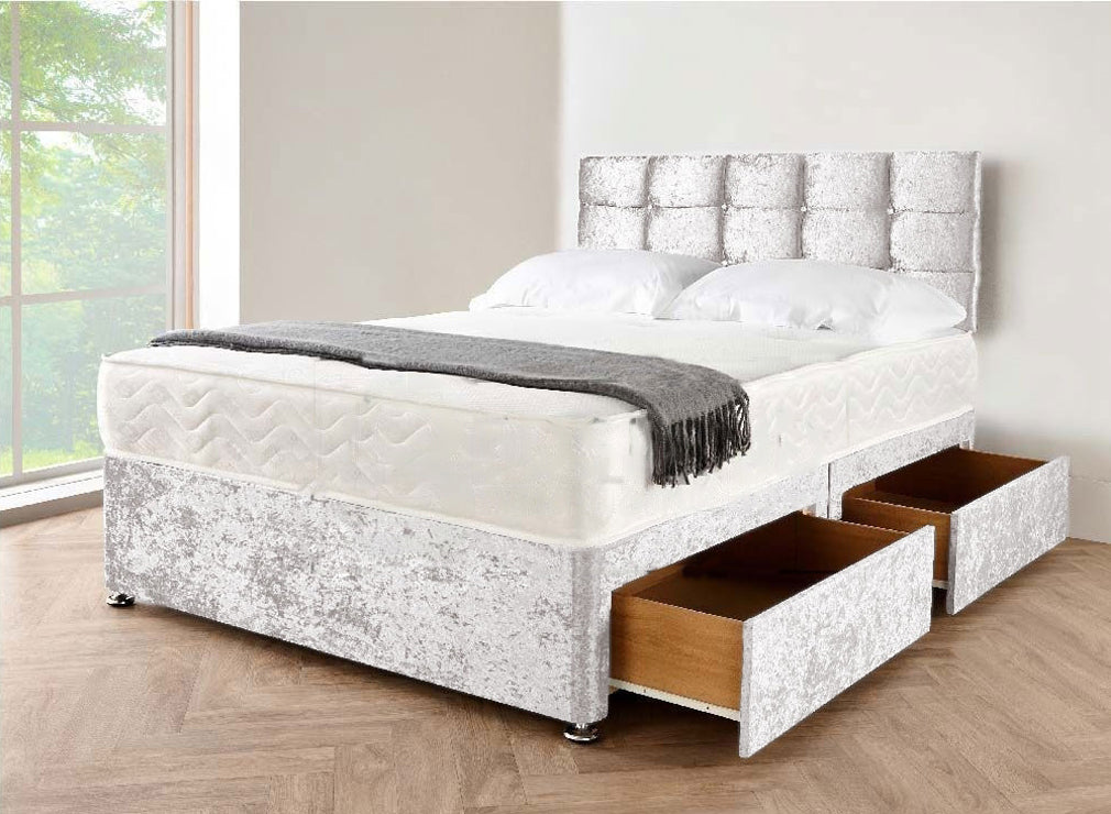 Silver Crushed Velvet Fabric Bed With Divan Storage
