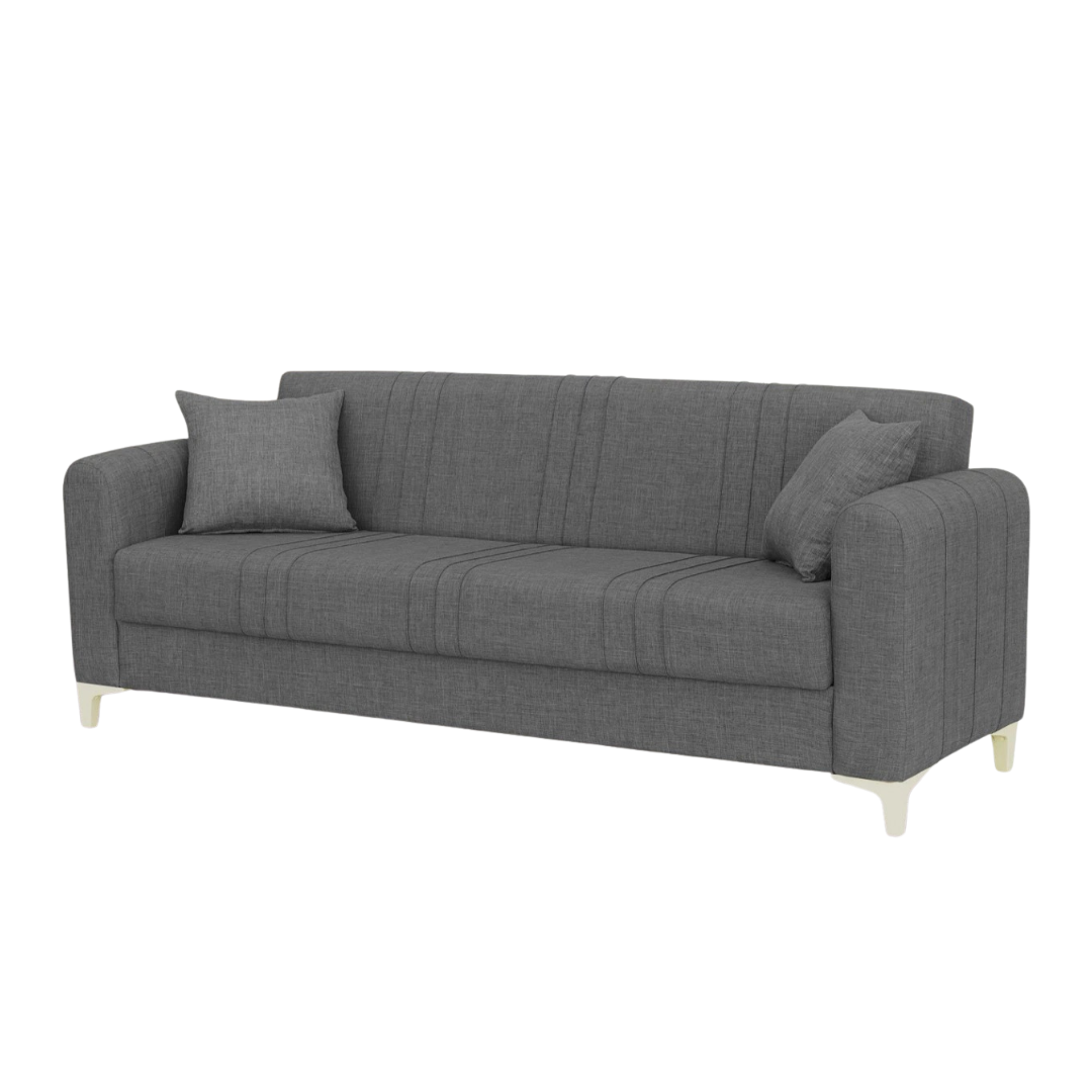 Gray sofa bed couch​ with two cushions on a white background