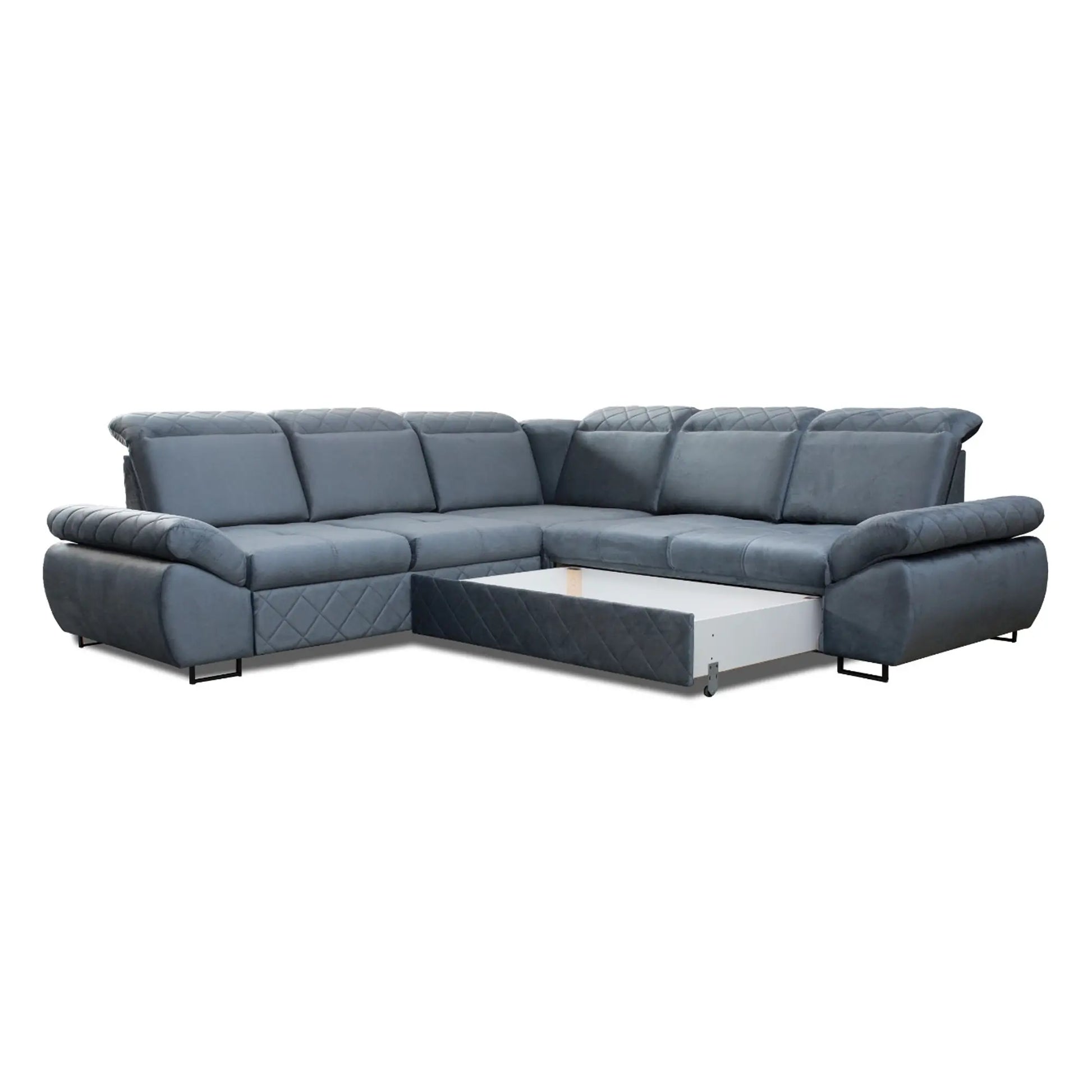 Close-up of Selly Grey Corner Sofa Bed showing integrated hidden storage compartment