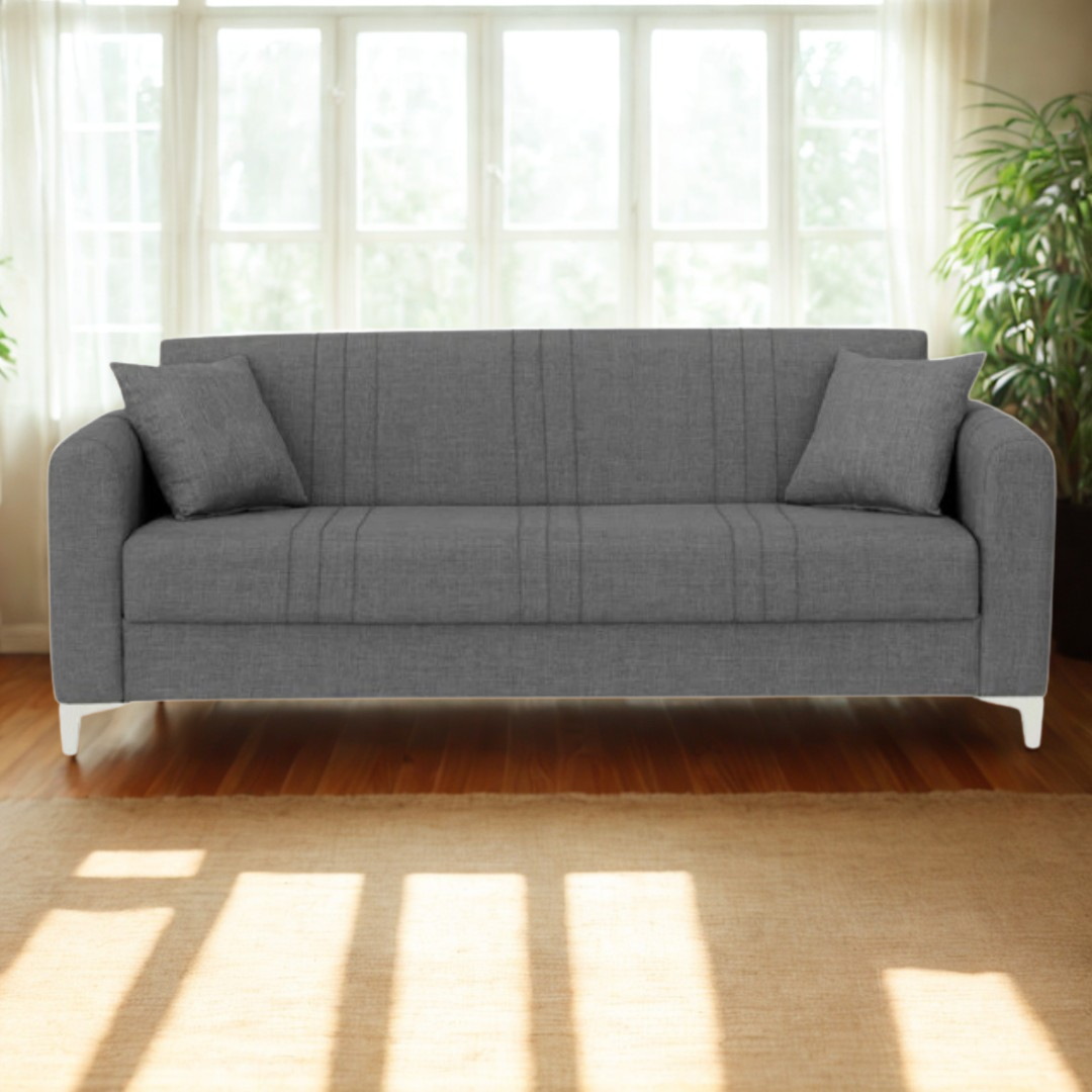Grey couch sofa bed​ in a room with sunlight streaming through windows
