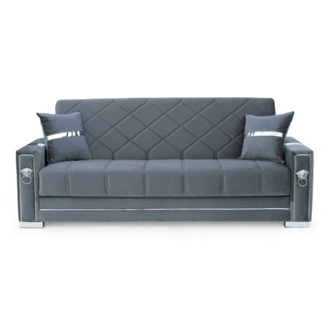 The grey sofa bed fully converted into its sleeper mode, showing the comfortable bed for accommodating guests.