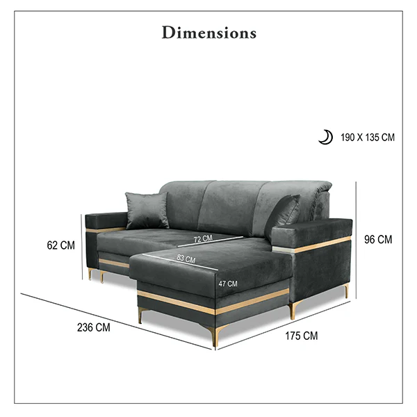 Black & Gold Corner Sofa Bed with Storage - L-Shape