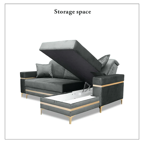 Black & Gold Corner Sofa Bed with Storage - L-Shape
