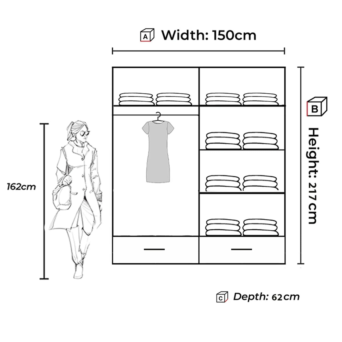 Mirrored Sliding Wardrobe UK (150cm-250cm) - White, Grey, Black