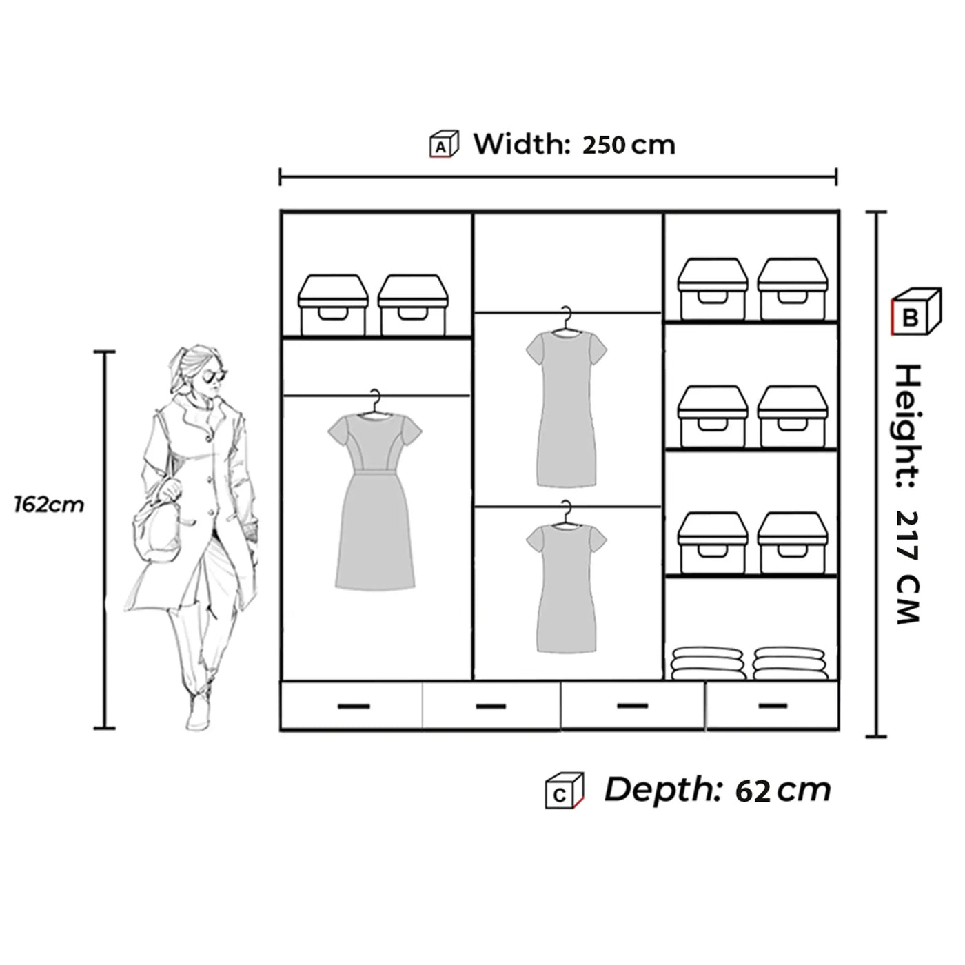 Mirrored Sliding Wardrobe UK (150cm-250cm) - White, Grey, Black