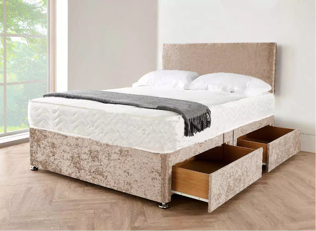 Mink-colored crushed velvet divan bed with a matching upholstered plain headboard.