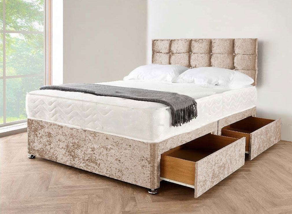 Crushed Velvet Divan Bed with Storage & Mattress - Furniture Home