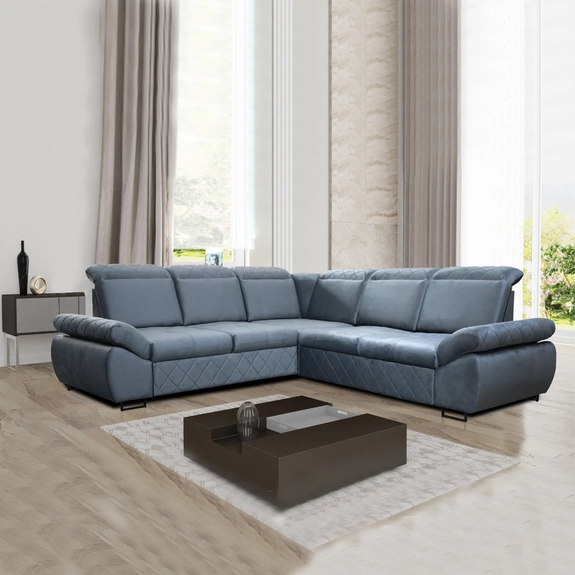 Large Grey Plush Velvet Corner Sofa Bed with Storage UK – Selly 6-8 Seater