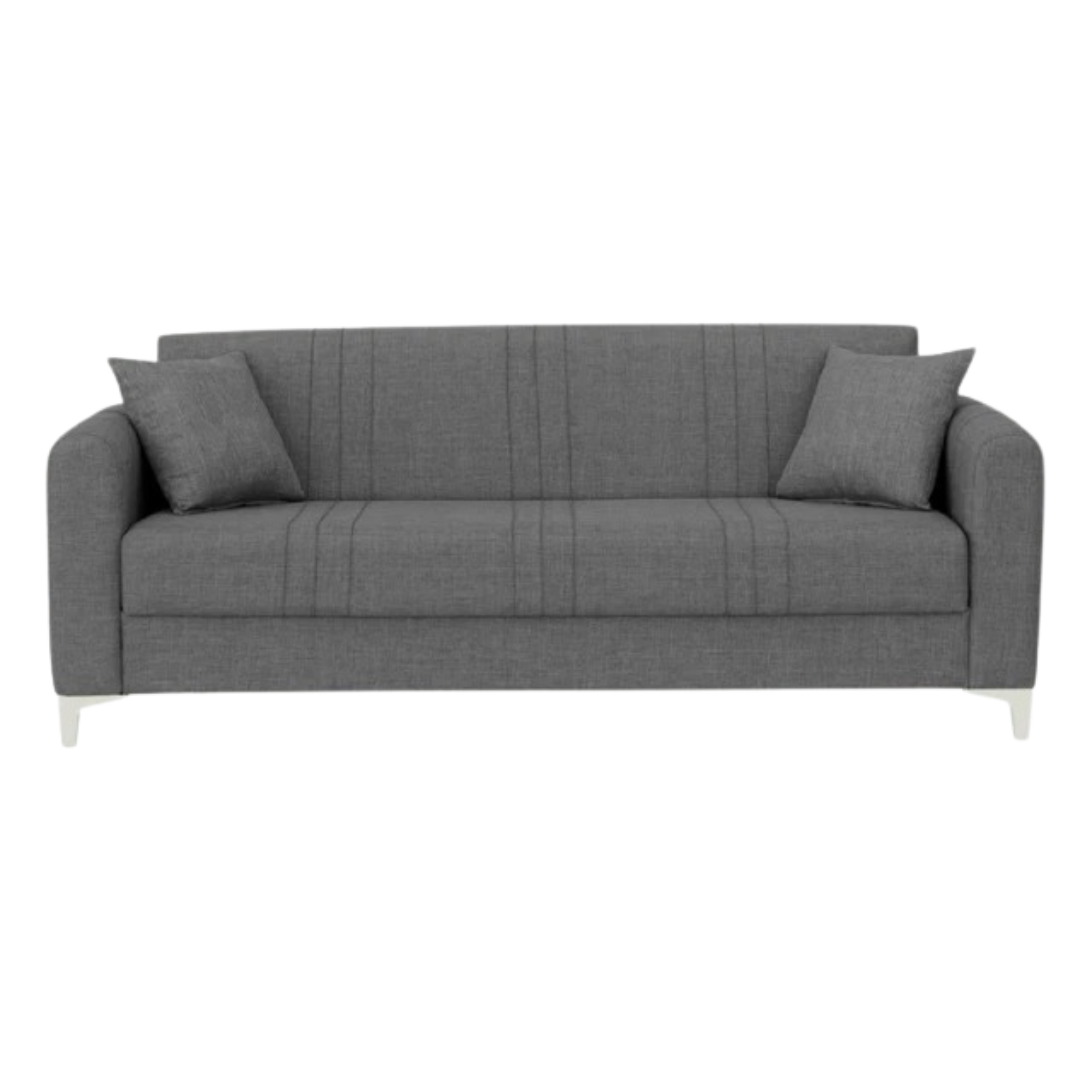 Gray three seater sofa bed​ with two cushions on a white background