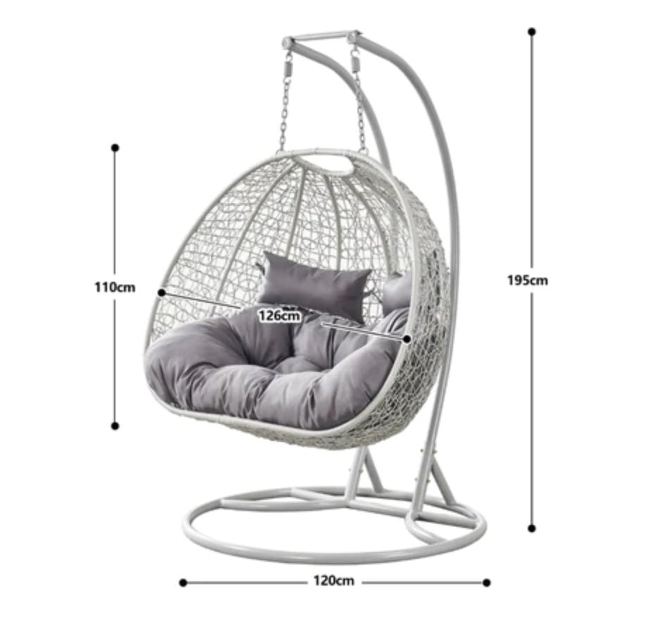 Light Grey Double Rattan Hanging Egg Chair with Stand - 2-Seater Garden Swing Seat