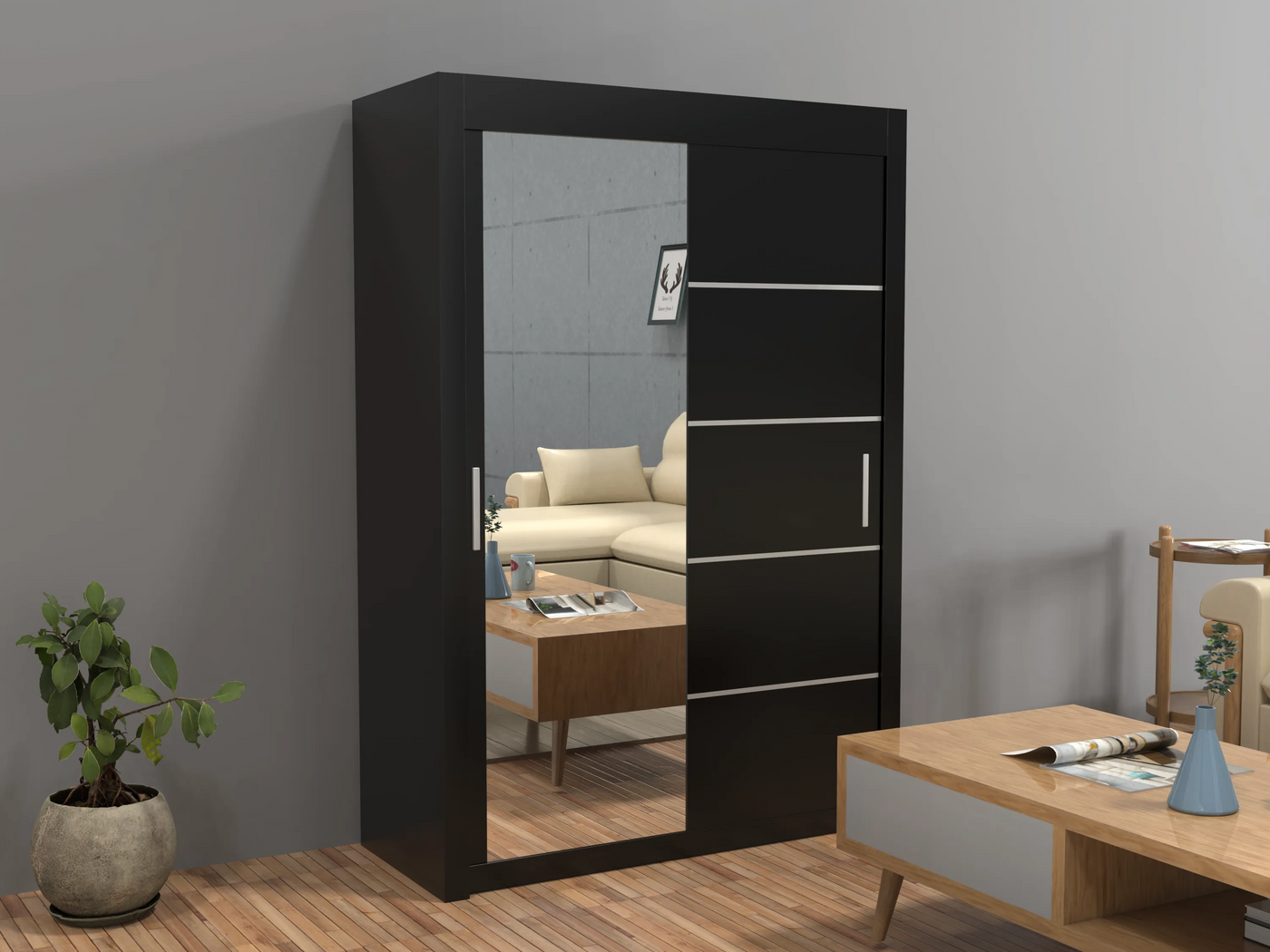Etna Full Mirror Sliding Wardrobe - 4 Sizes (120-203cm)