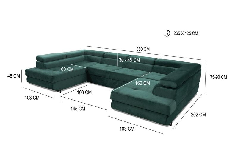 Black Plush Velvet U-Shaped Corner Sofa 6 Seater